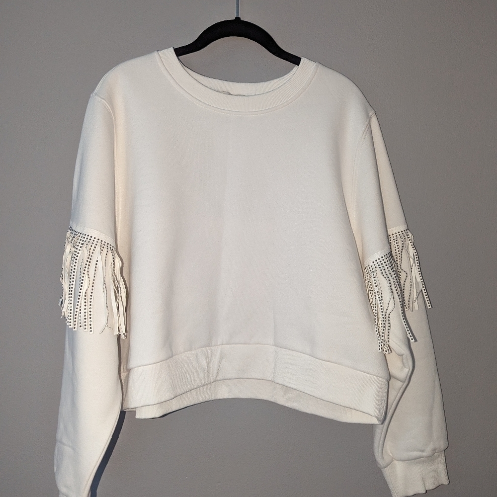 The Post Sweatshirt with fringe. Women's size large. Cropped crewneck sweatshirt